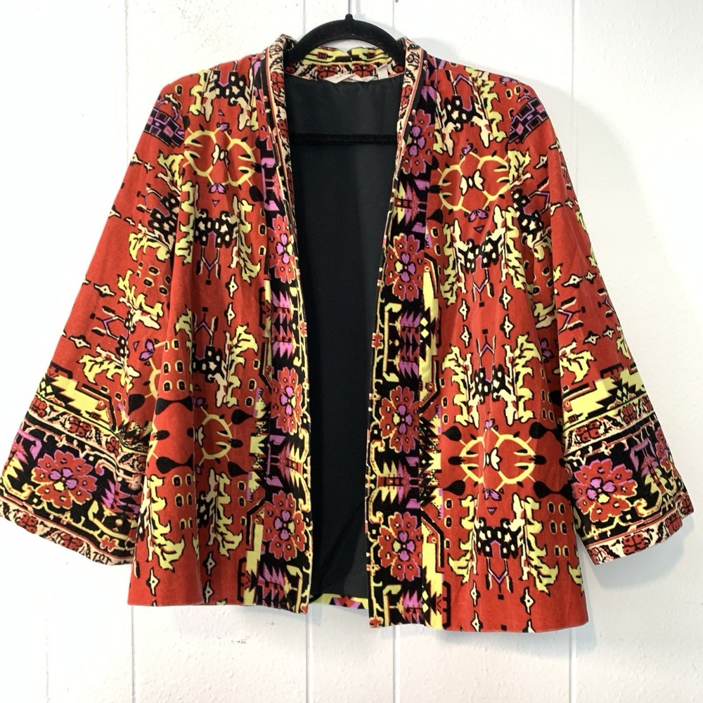 Soft Surroundings Womens Medium Jacket Blazer Open Front Ikat Velvet Wide Sleeve